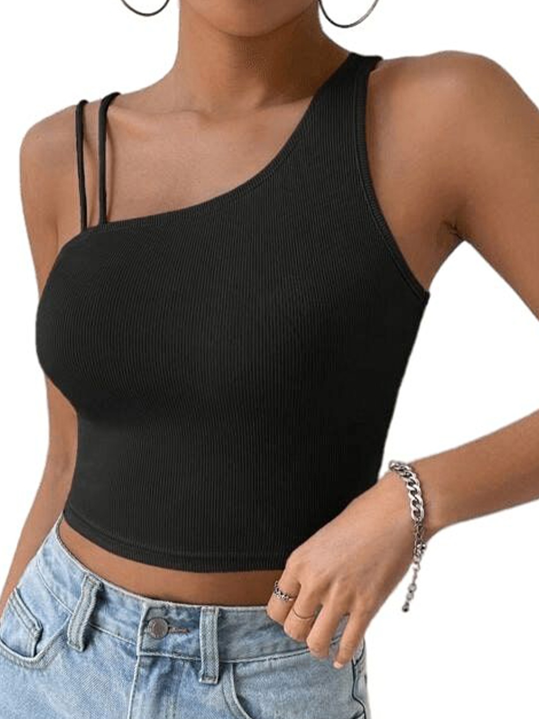 

classy fashion One Shoulder Cotton Crop Top, Black