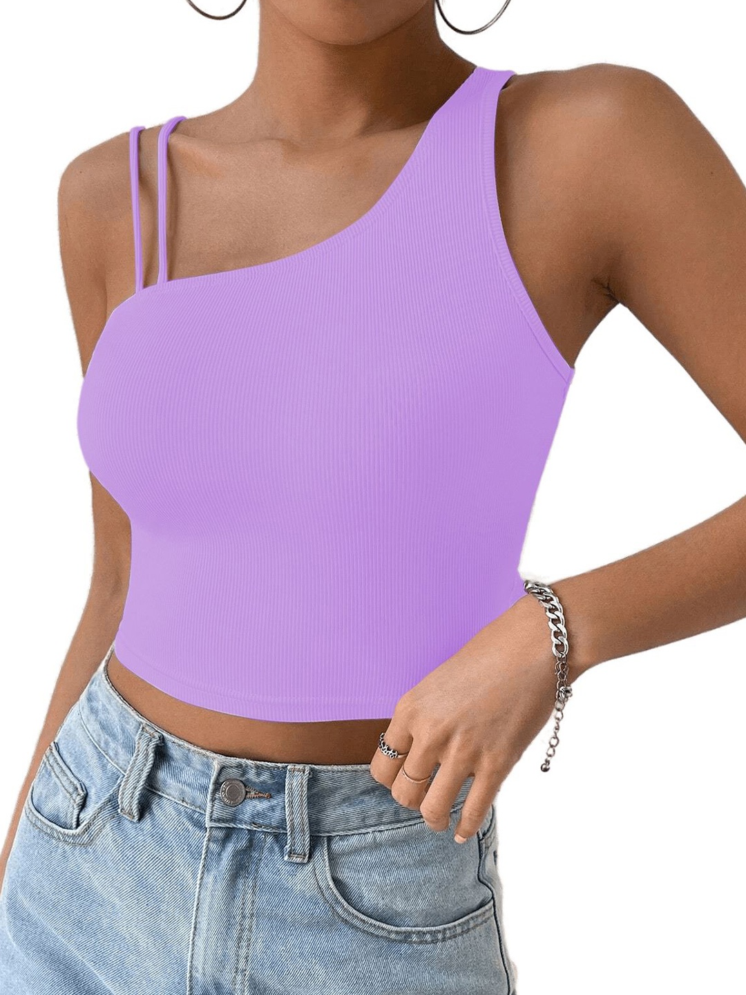 

classy fashion One Shoulder Cotton Crop Top, Purple