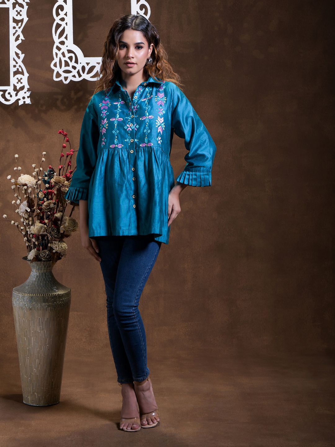 

Phulkari Forever Embroidered Roll-Up Sleeves Pure Silk Top, Teal
