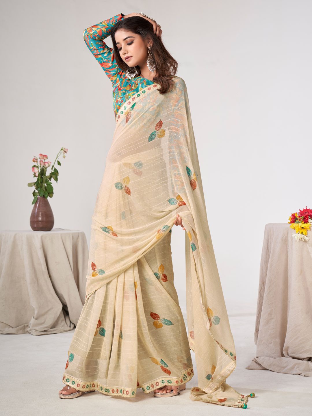 

LeeliPeeri Designer Floral Embroidered Poly Georgette Saree, Cream