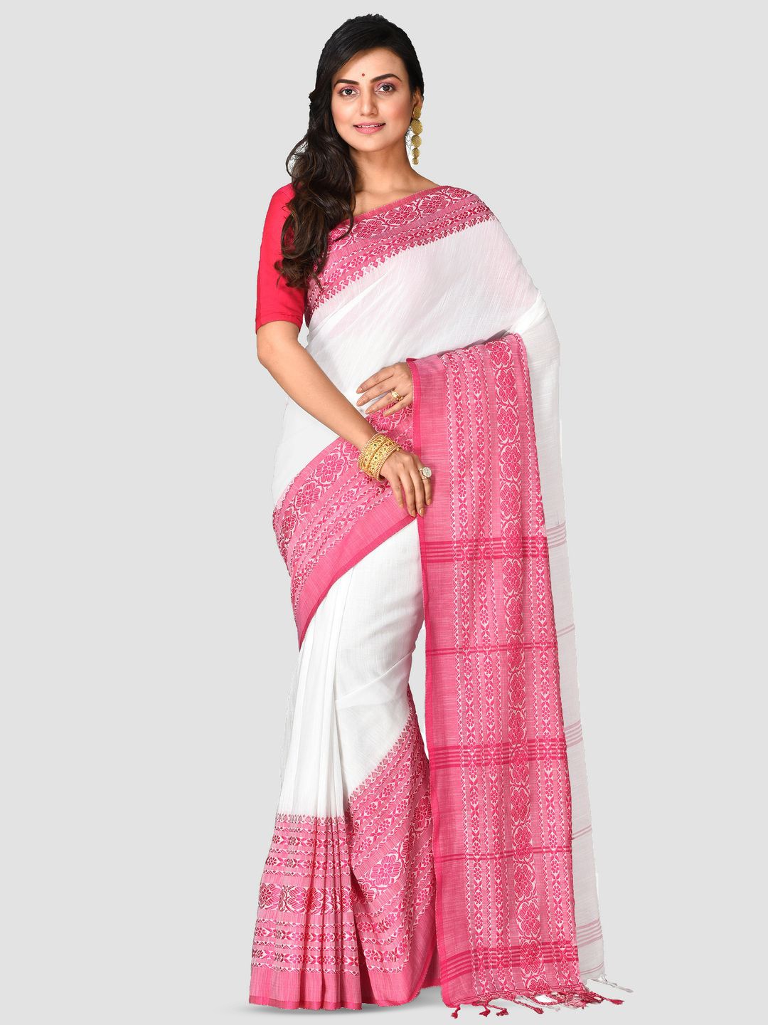 

Crochetin Woven Design Khadi Saree, White