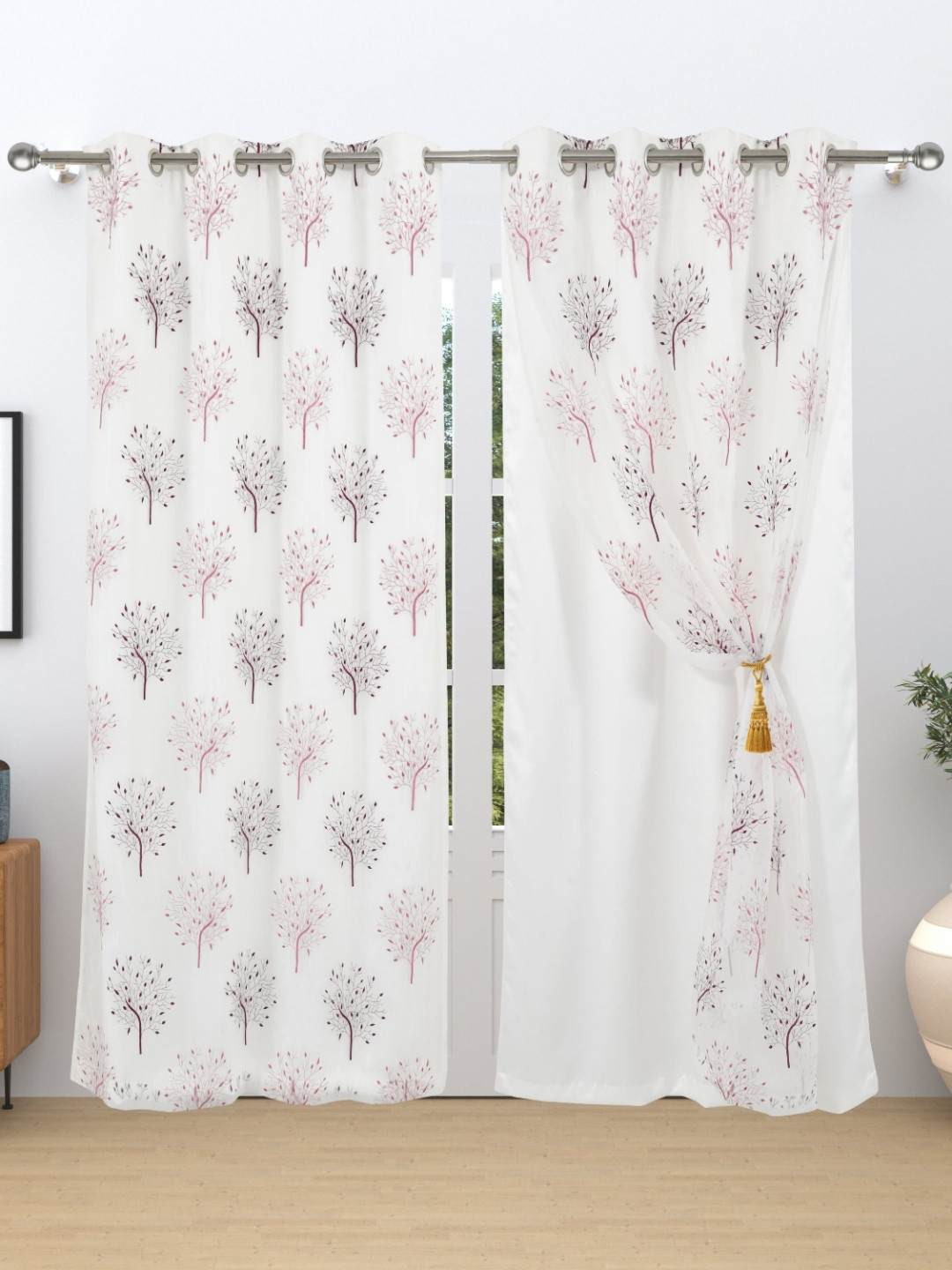 

Aura White & Pink Embroidered Black Out Window Curtain