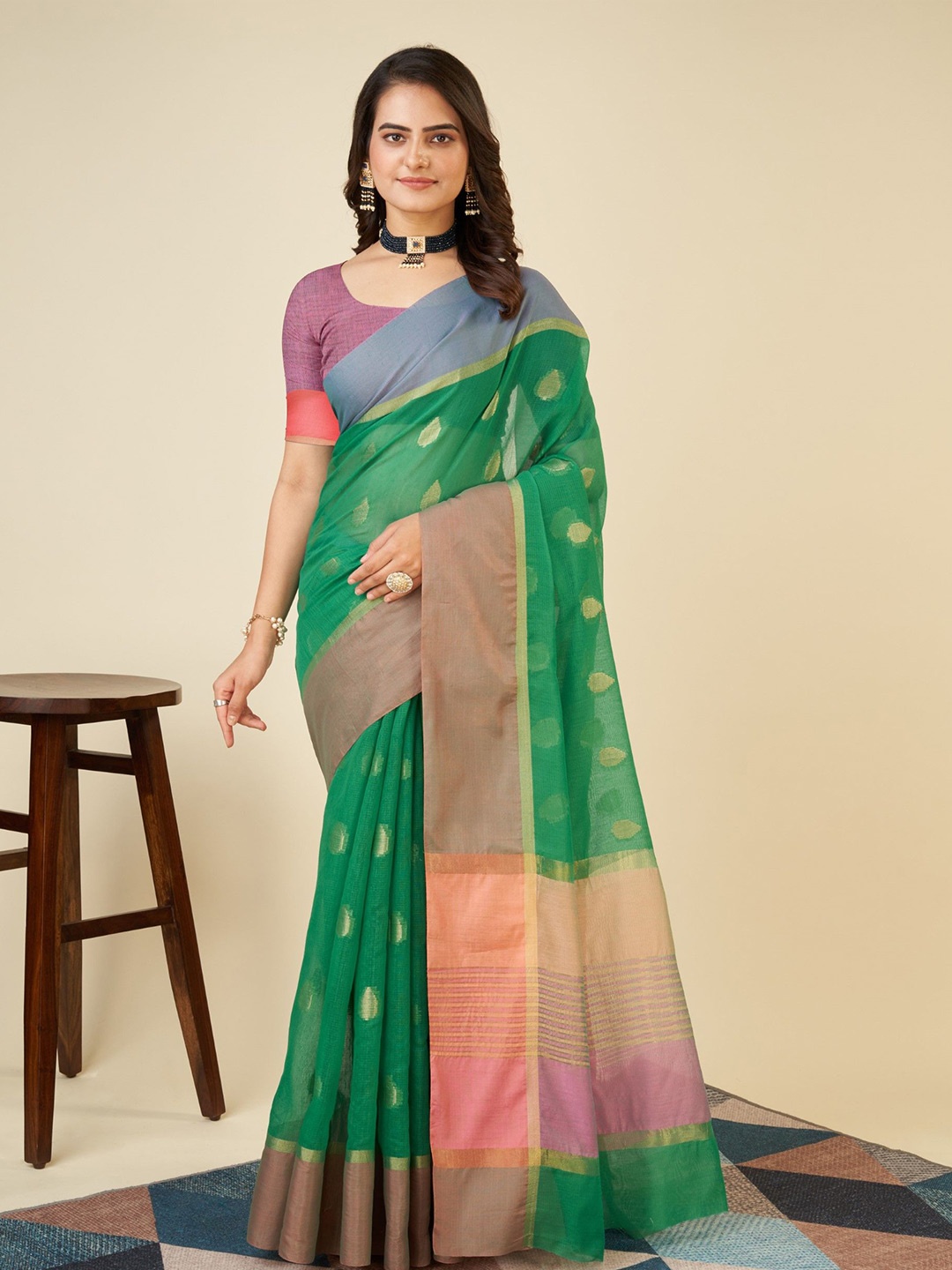 

Rangtulika Ethnics Woven Design Zari Silk Blend Saree, Green