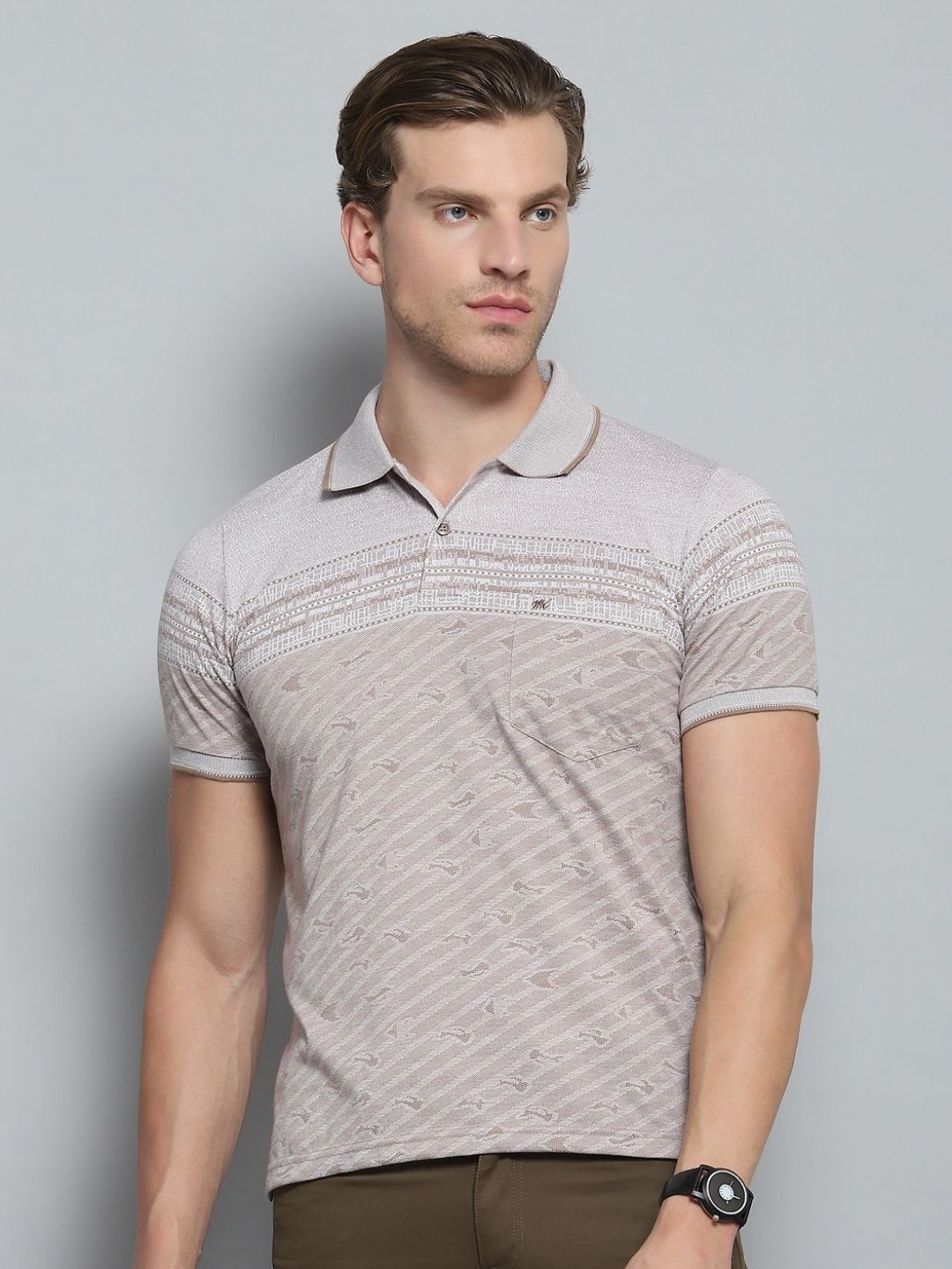 

Monte Carlo Men Striped Polo Collar Pockets T-shirt, Brown
