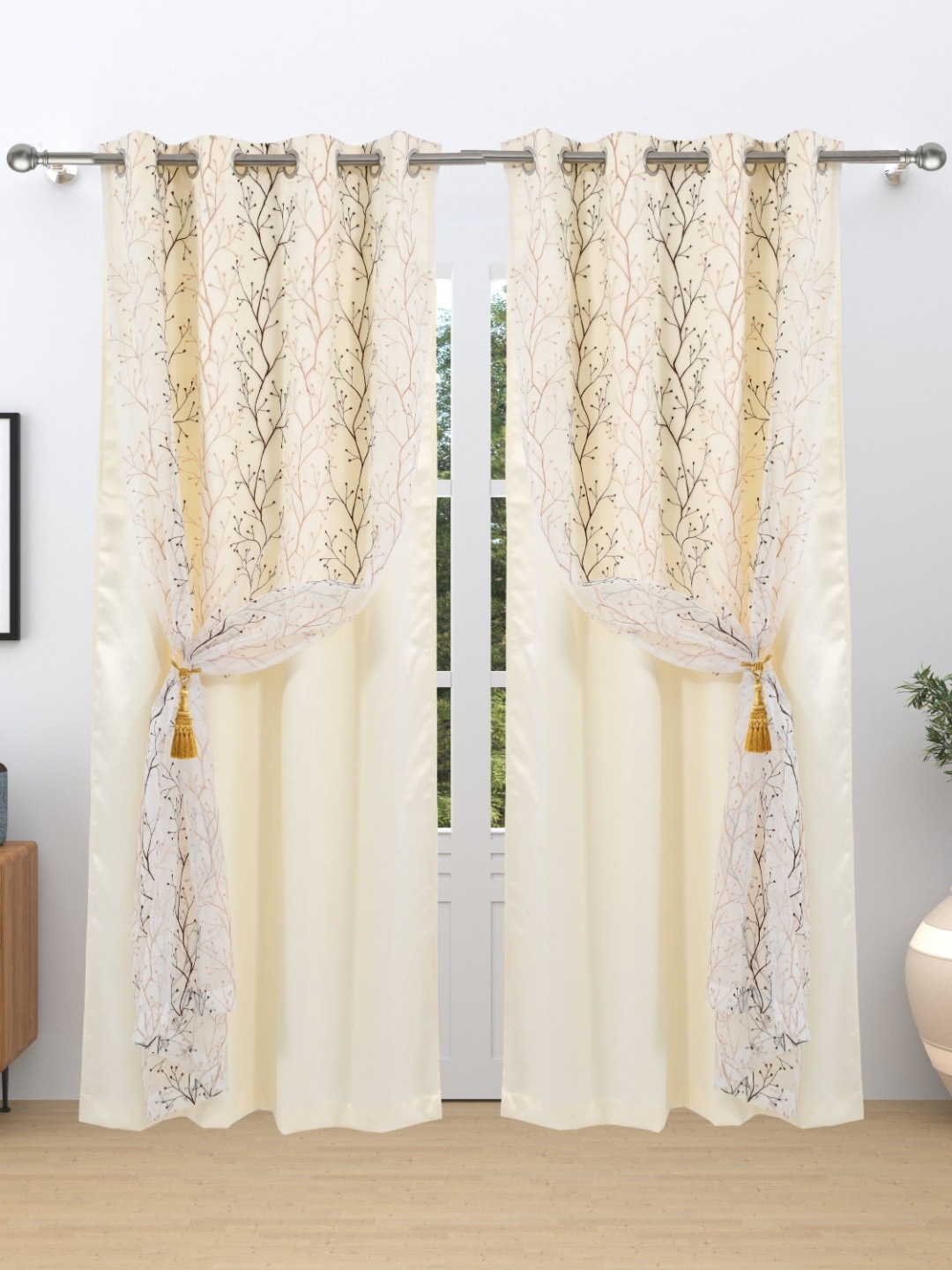 

Aura Beige & Brown Embroidered Black Out Window Curtain