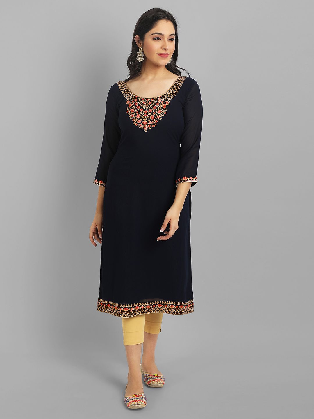 

Jash Creation Ethnic Motifs Yoke Design Thread Work Georgette Kurta, Black