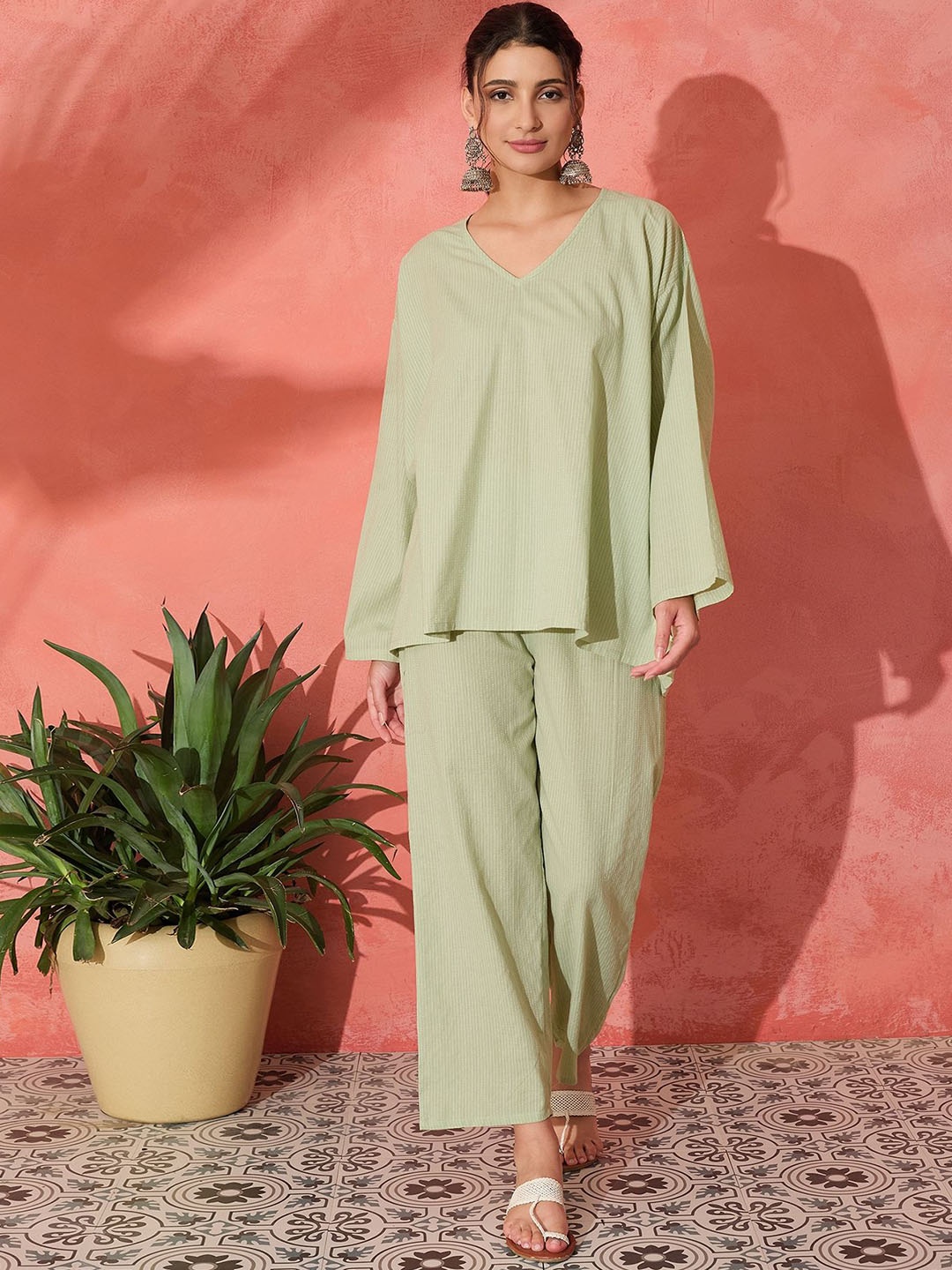 

InWeave Striped Pure Cotton V-Neck Tunic With Trousers Co-Ords, Green