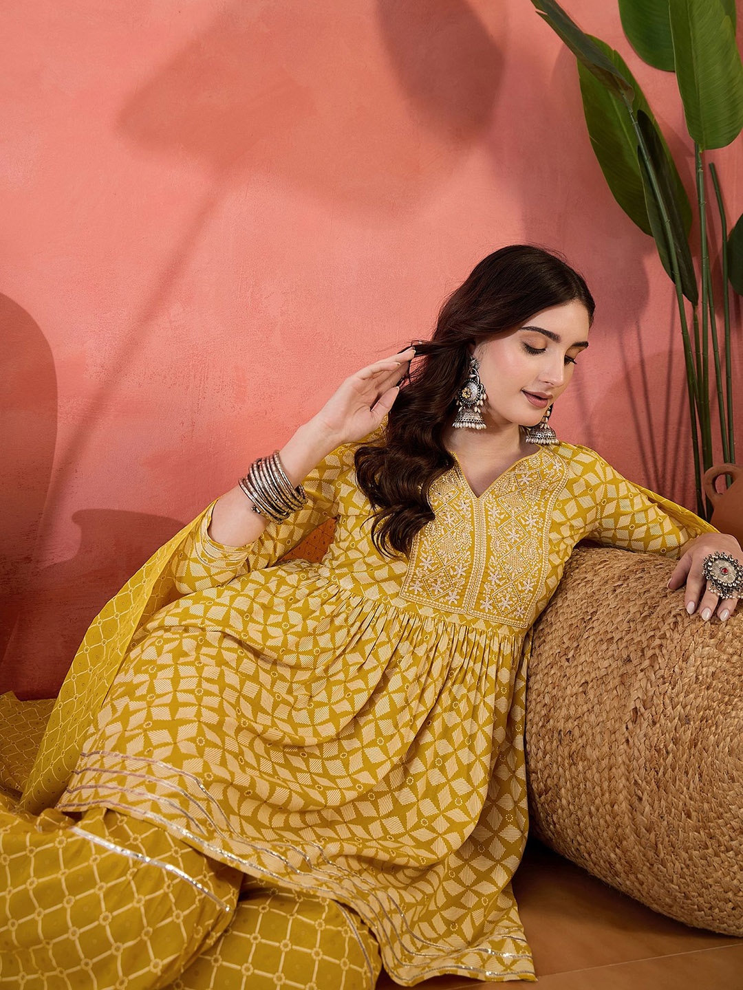 

Sangria Geometric Printed & Embroidered Pleated Kurti & Sharara With Dupatta, Yellow