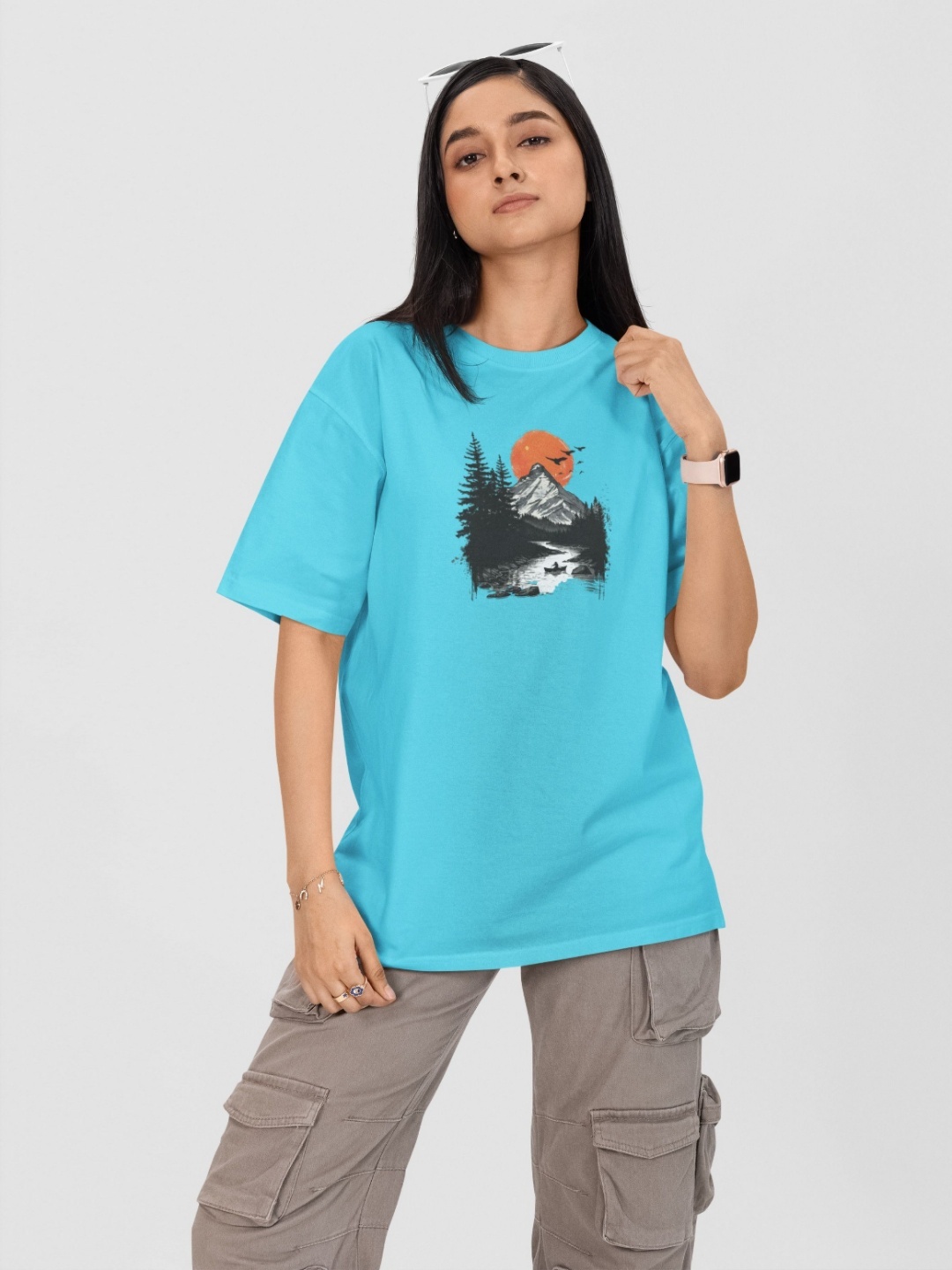 

Moda Rapido Women Printed Drop-Shoulder Sleeves Pockets T-shirt, Turquoise blue