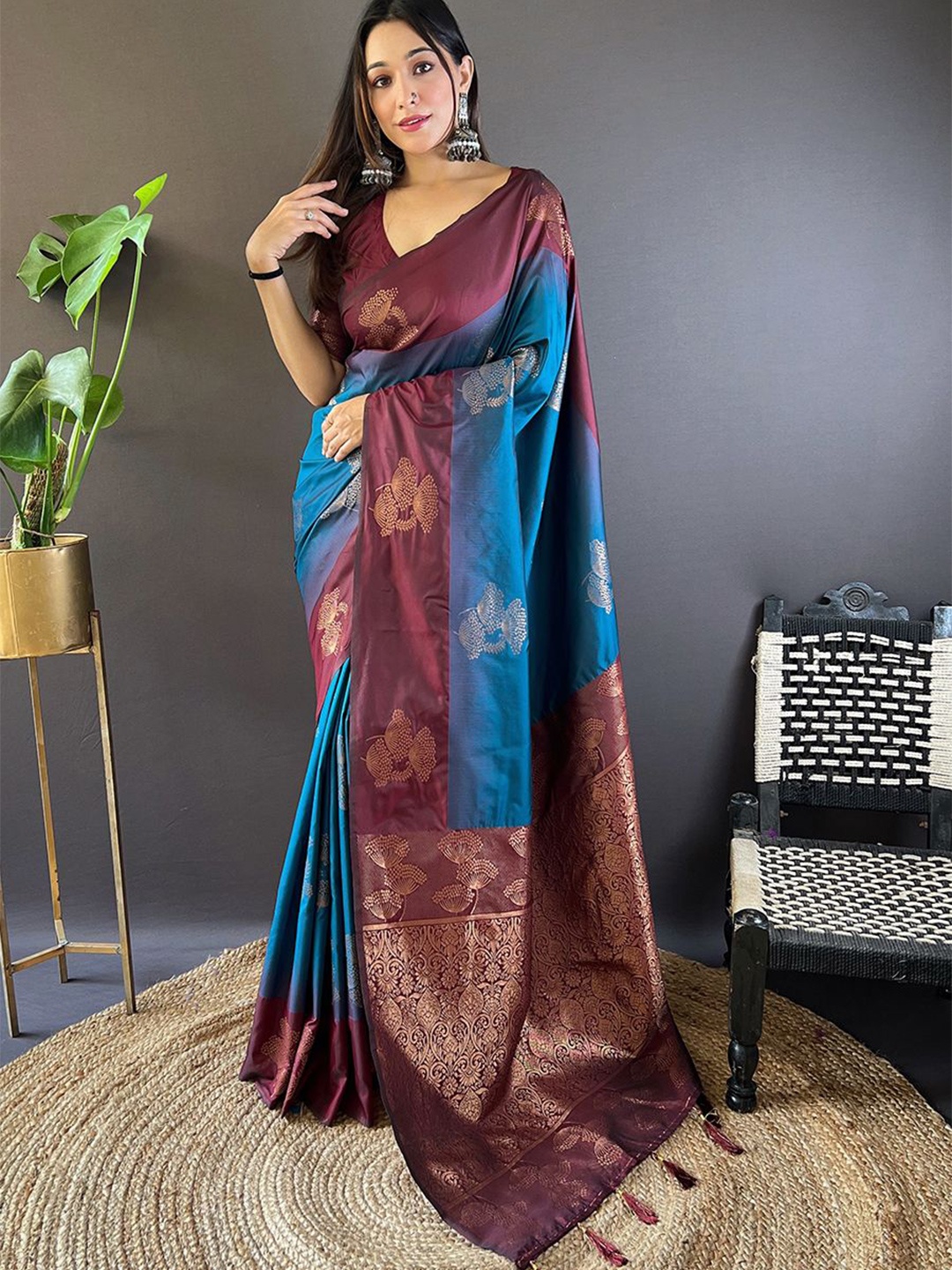 

all about you Woven Design Zari Silk Blend Banarasi Saree, Blue