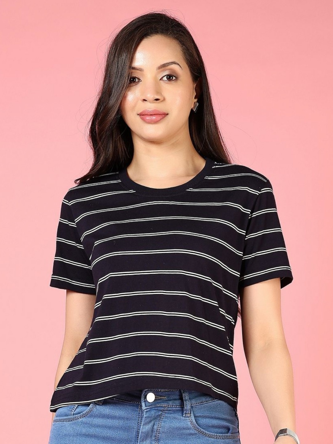 

V-Mart Women Striped Extended Sleeves Monochrome Pockets T-shirt, Navy blue