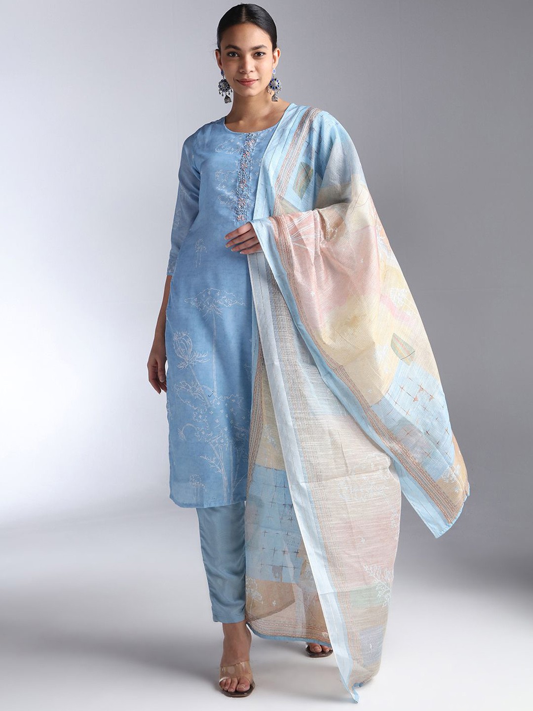 

House Of Dharaa Women Floral Embroidered Regular Thread Work Kurta with Trousers & With Dupatta, Blue