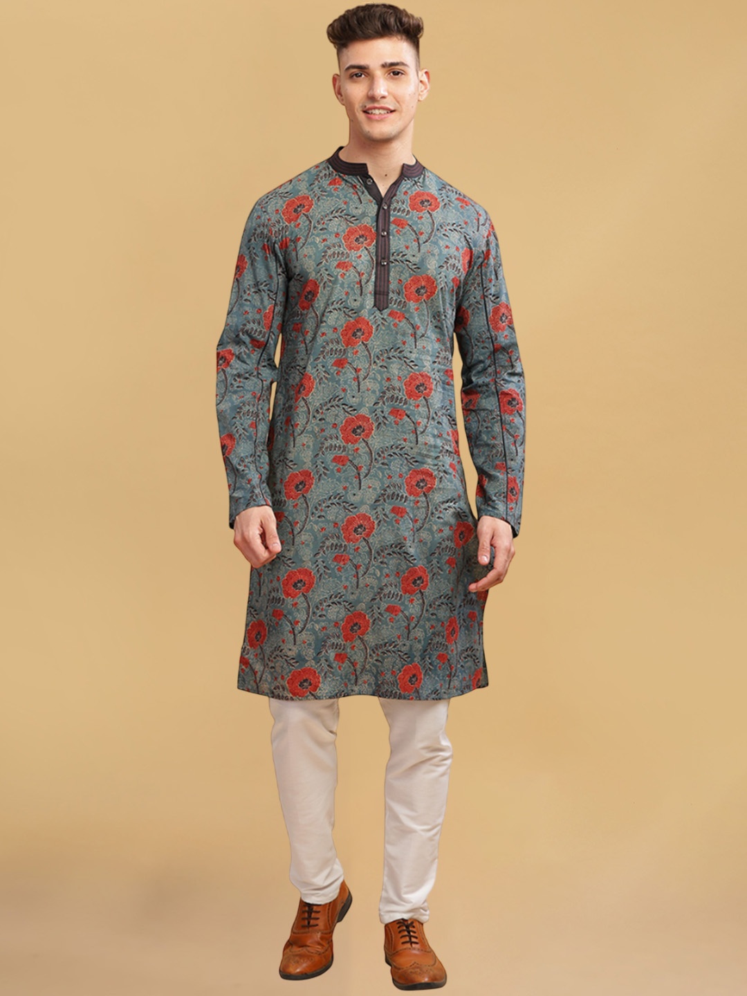 

Arch element Men Floral Printed Mirror Work Kurta, Brown