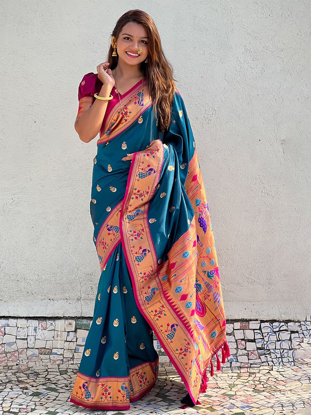 

all about you Woven Design Zari Silk Blend Paithani Saree, Blue