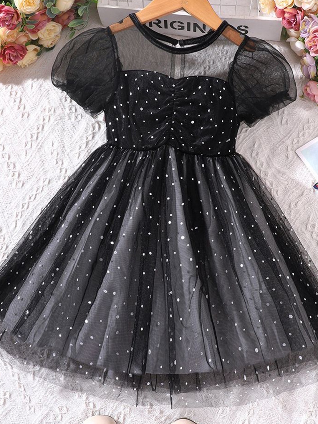 

LULU & SKY Polka Dot Print Peplum Dress, Black