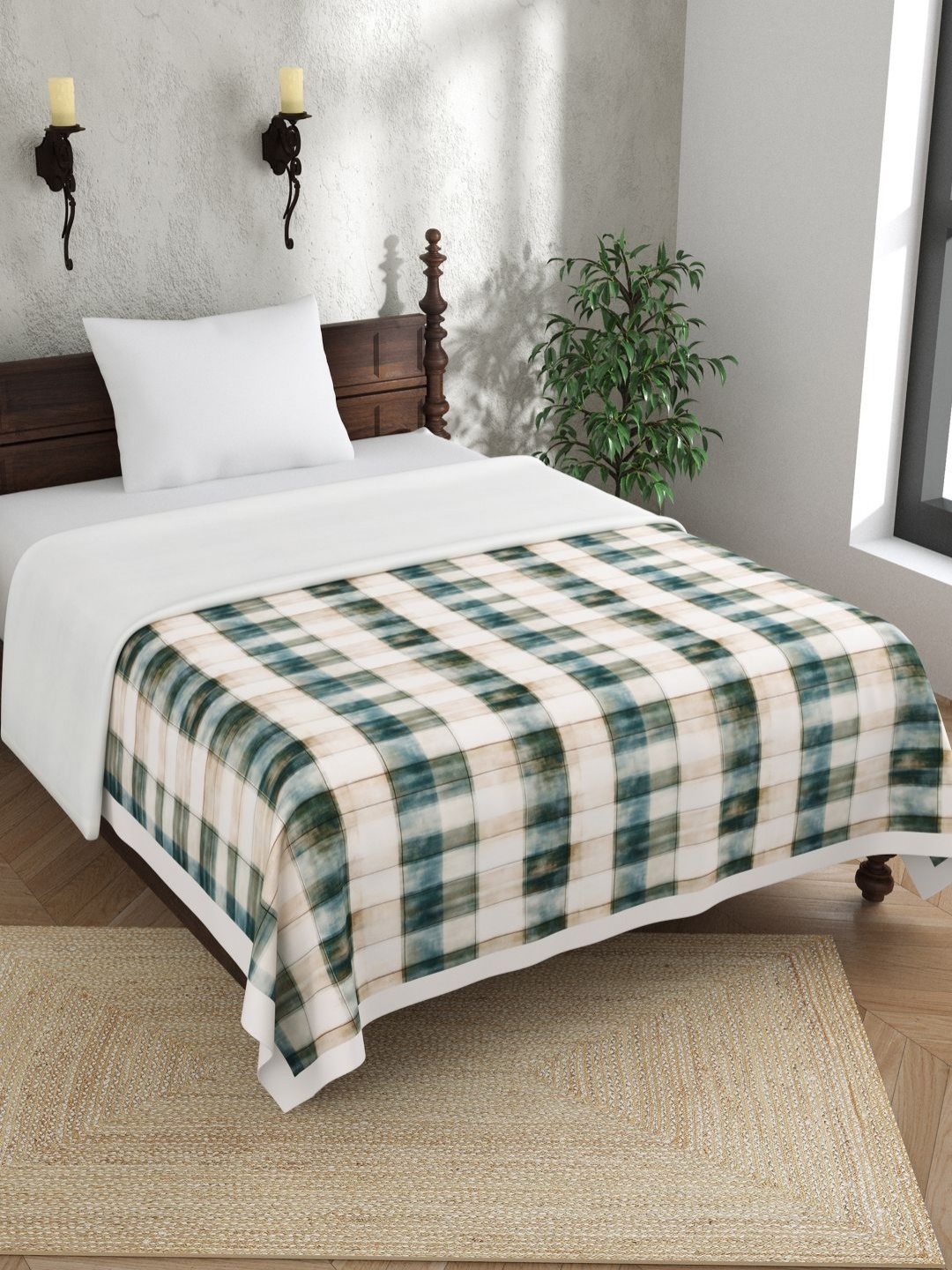 

EverHOME Multicoloured Checked AC Room 150 GSM Single Bed Dohar, Green