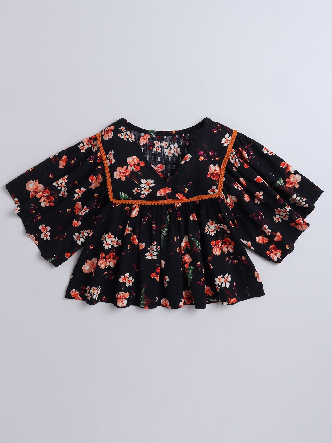 

AWW HUNNIE Floral Print Flared Sleeve Tiered Top, Black