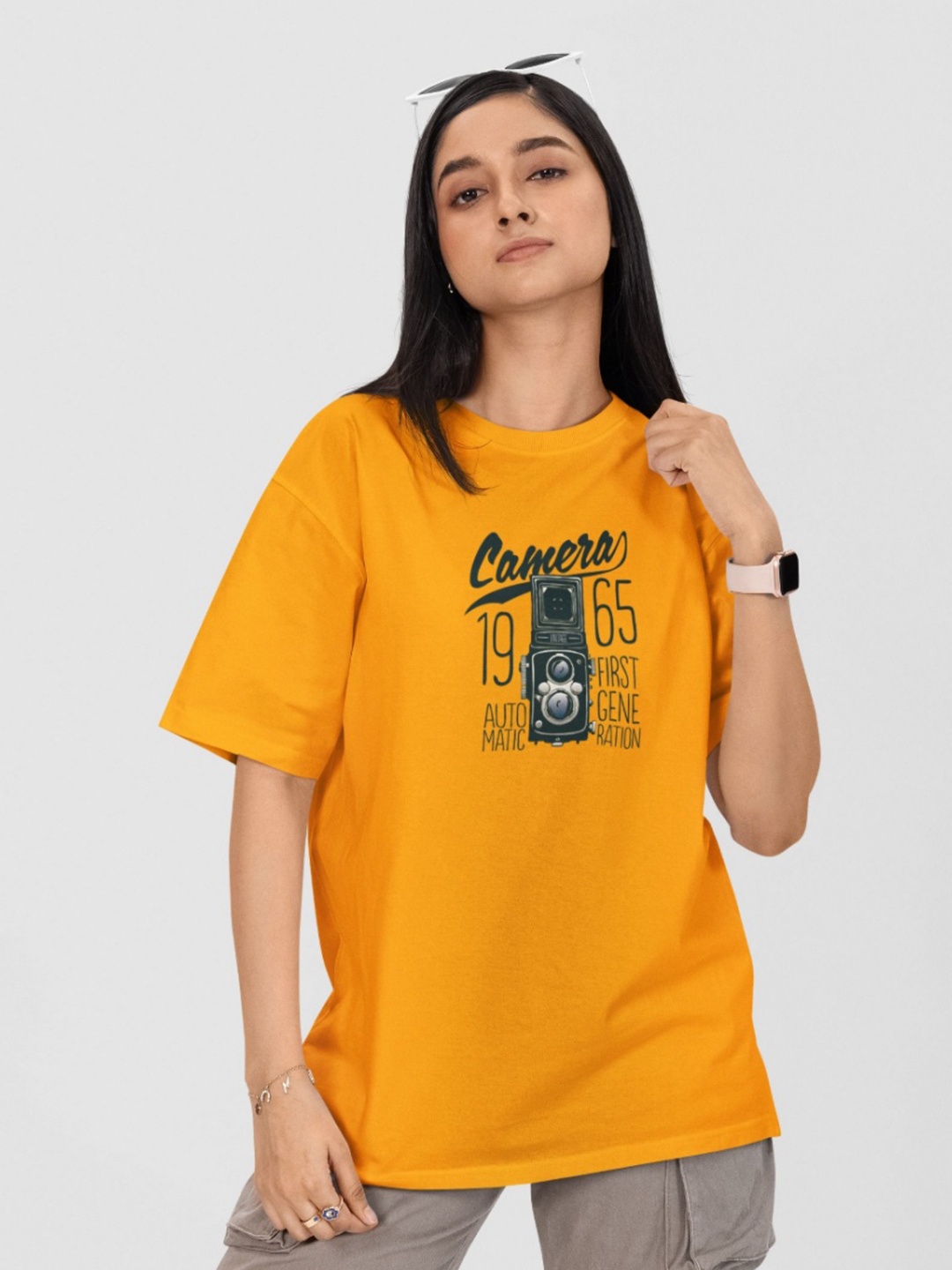 

Moda Rapido Women Printed Drop-Shoulder Sleeves Pockets T-shirt, Yellow