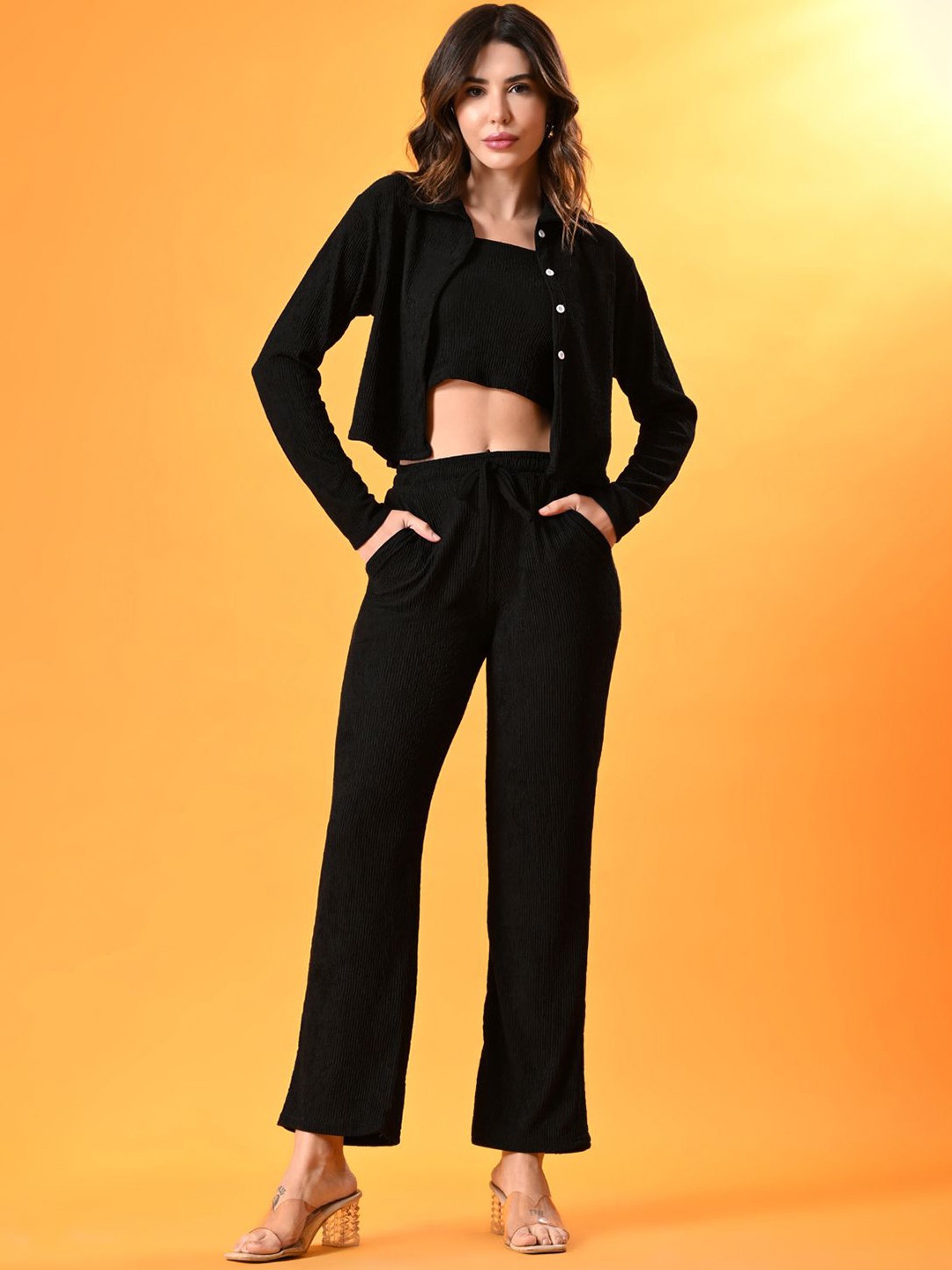 

CLAFOUTIS Ribbed Top & Trousers With Coat Co-Ords, Black