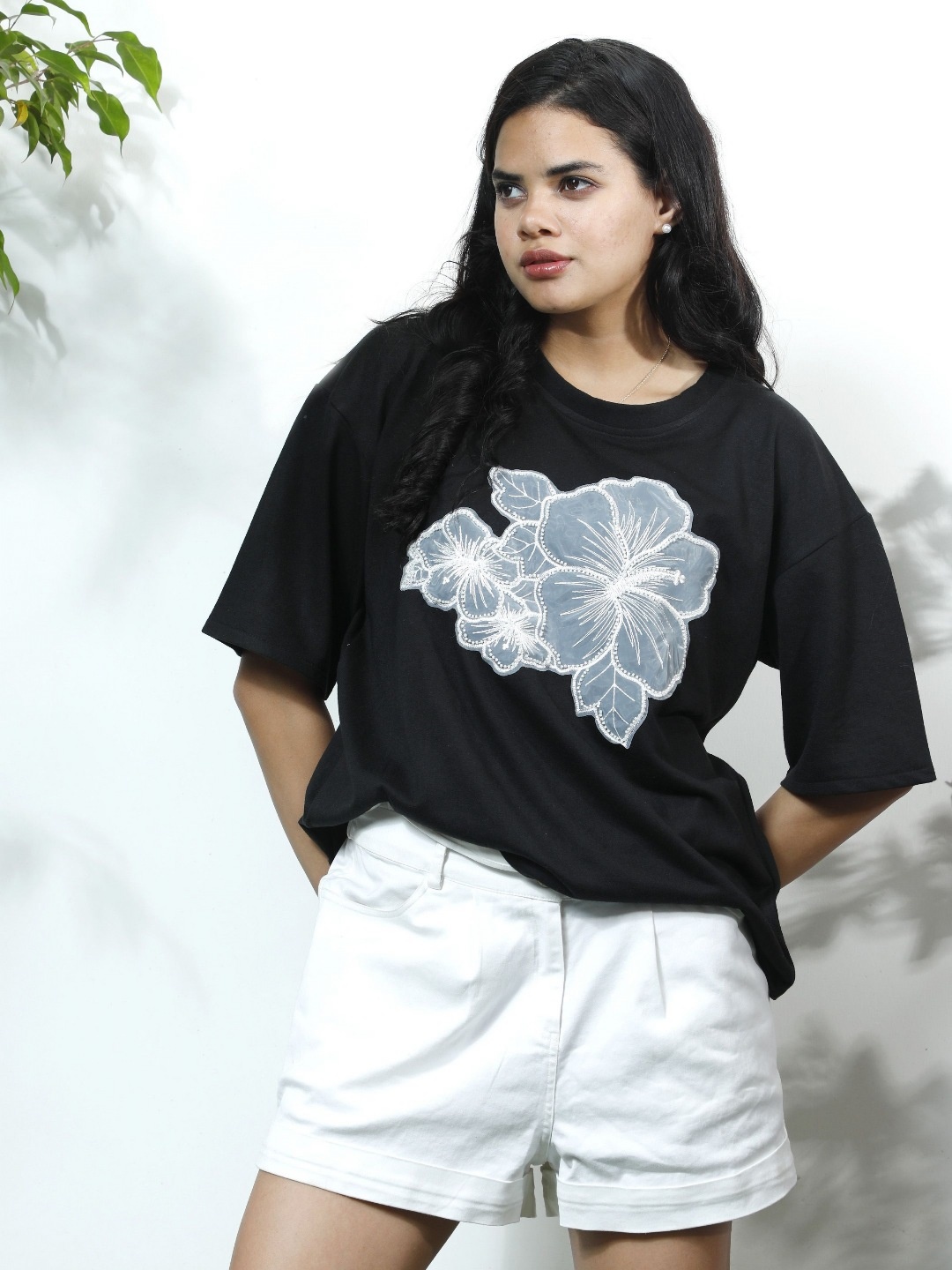 

Athena Unapologetic Women Floral Colourblocked Applique T-shirt, Black