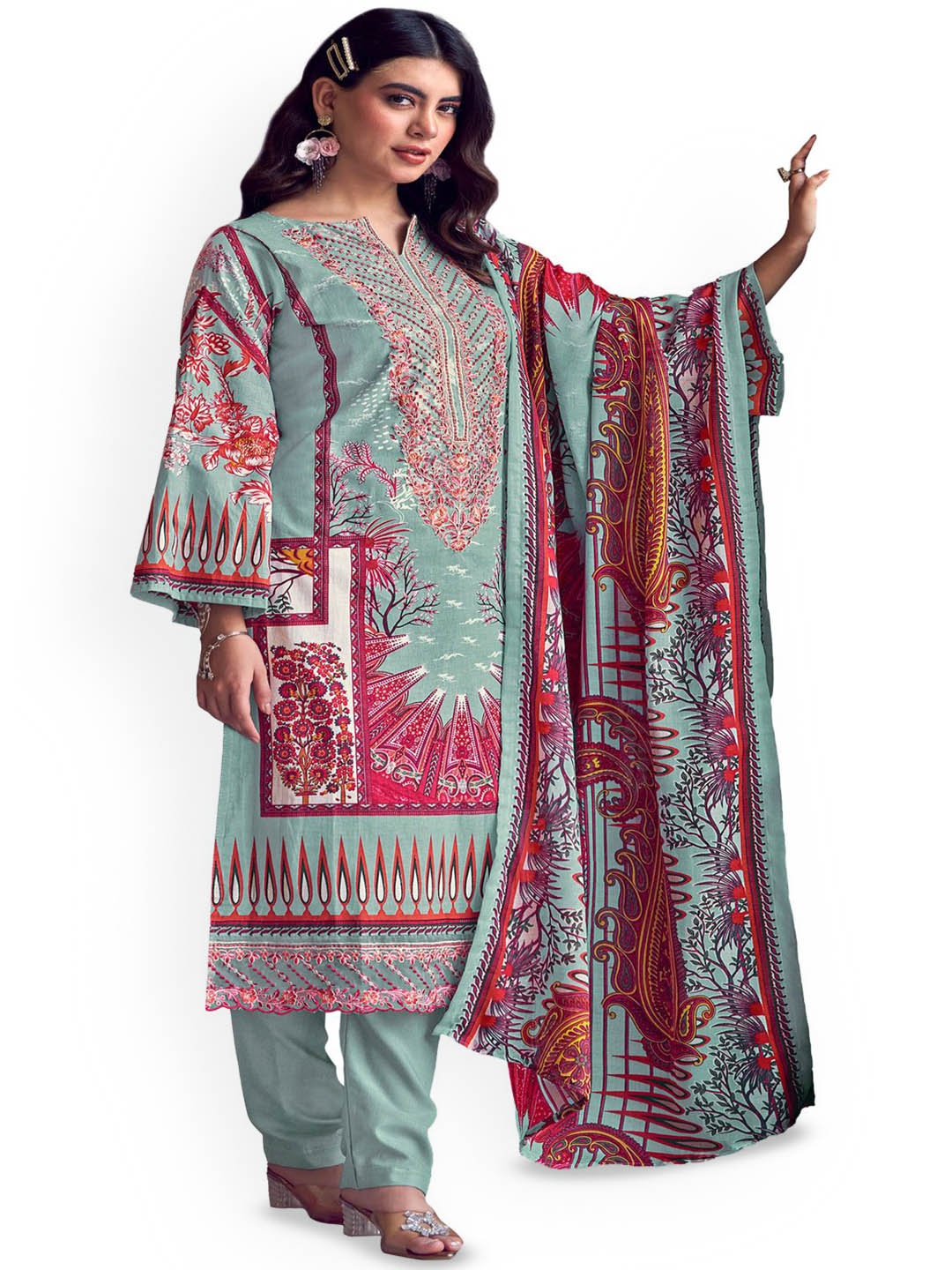 

DRAVINAM Trends Embroidered Pure Cotton Unstitched Dress Material, Green