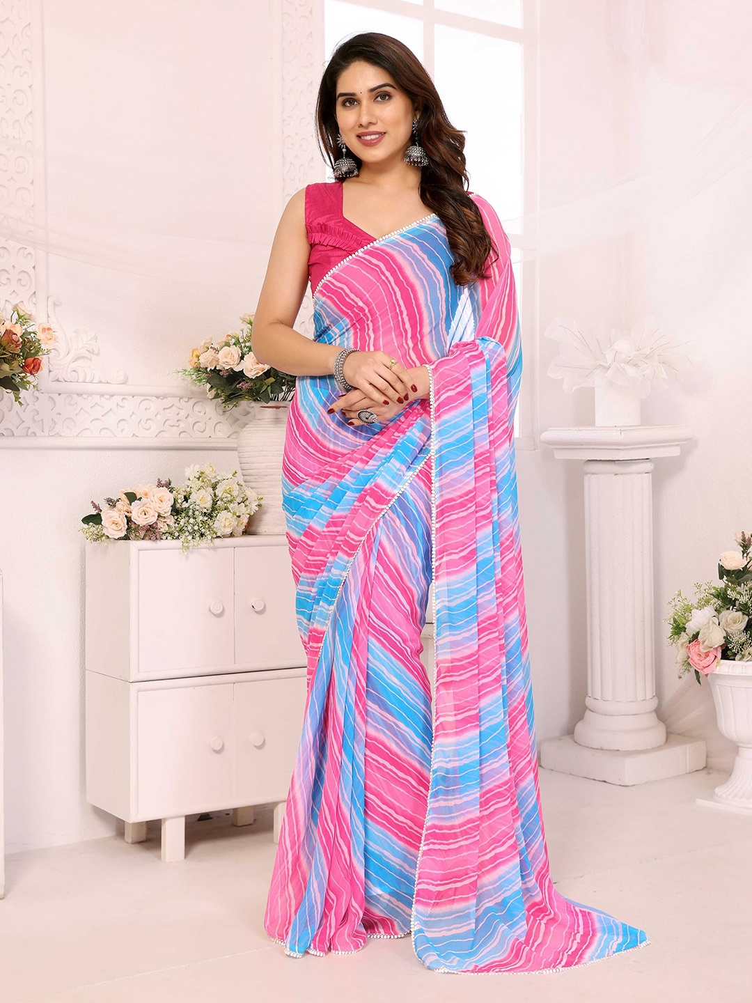

LeeliPeeri Designer Striped Poly Georgette Saree, Pink