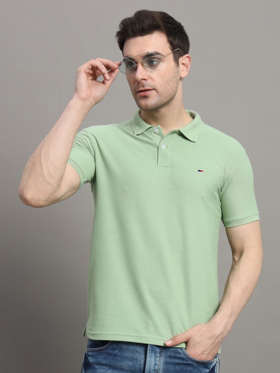 

R.ARHAN PREMIUM Men Polo Collar Applique T-shirt, Sea green