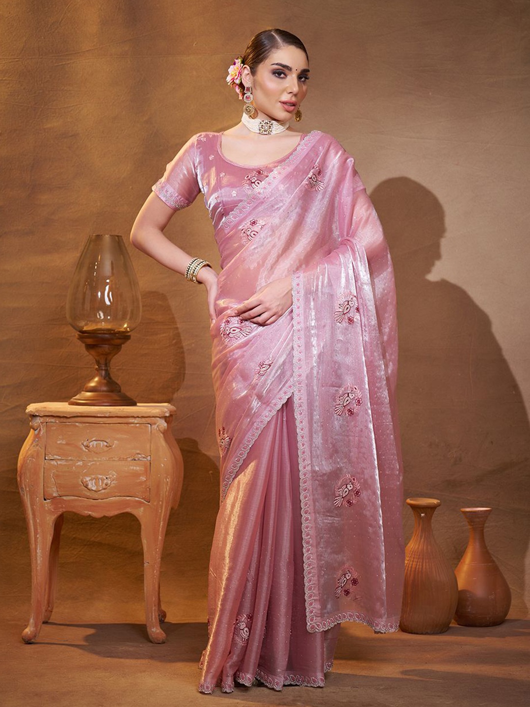 

Kalista Ethnic Motifs Beads and Stones Organza Saree, Pink