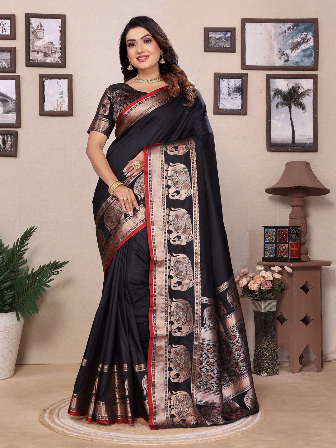 

Panzora Ethnic Motifs Zari Silk Blend Saree, Black