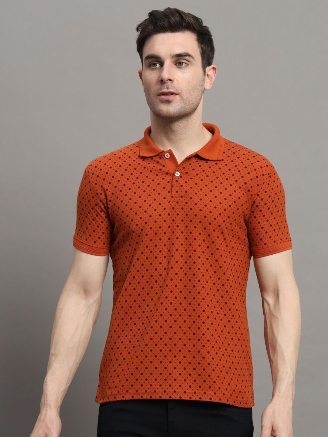 

R.ARHAN PREMIUM Men Printed Polo Collar Pockets T-shirt, Rust