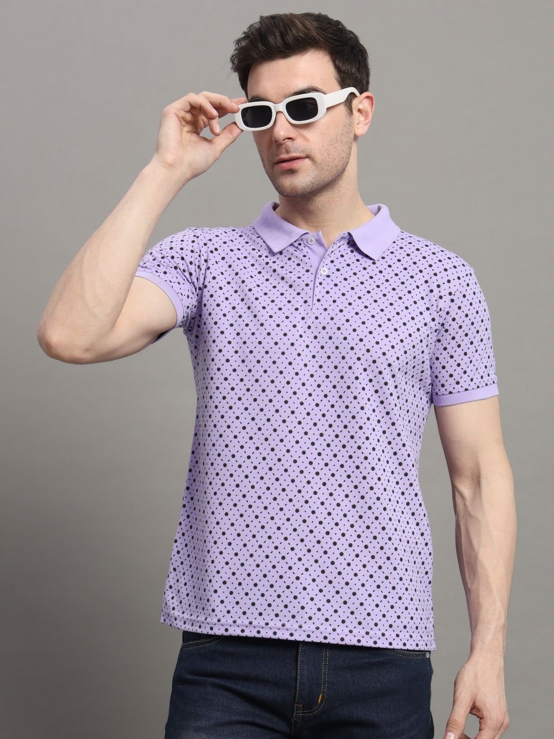 

R.ARHAN PREMIUM Men Polka Dot Printed Polo Collar Pockets T-shirt, Purple