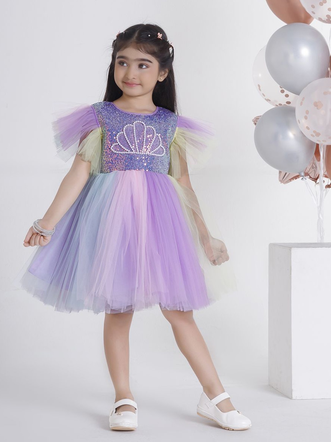 

Ministitch Applique Net Fit & Flare Dress, Peach