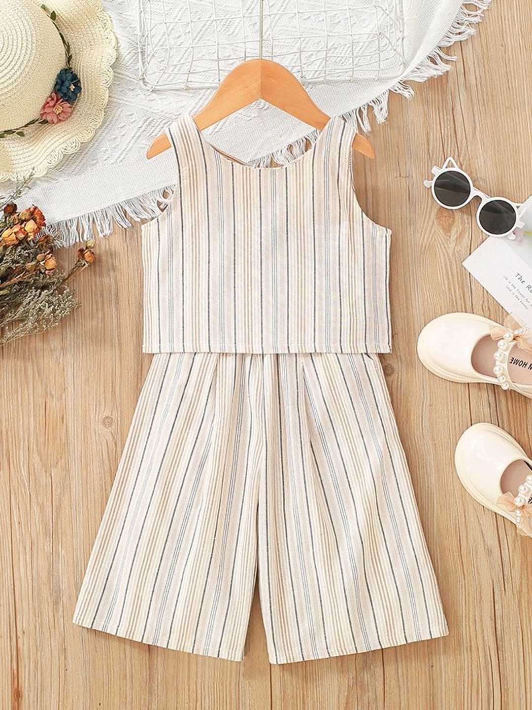 

LULU & SKY Girls Striped Top with Trousers, Beige