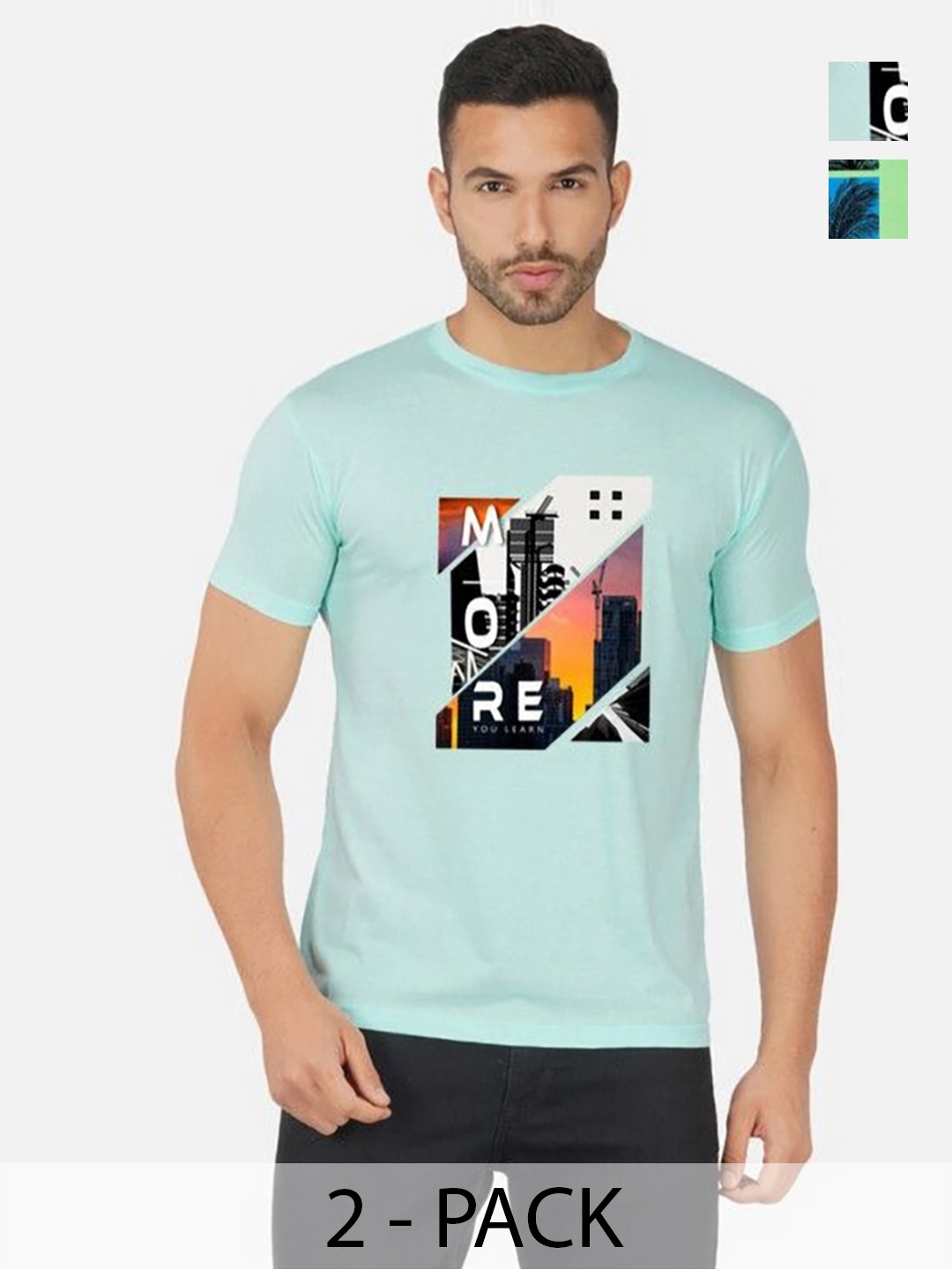 

GLOBAL NOMAD Men 2 Printed Bio Finish Applique T-shirt, Turquoise blue