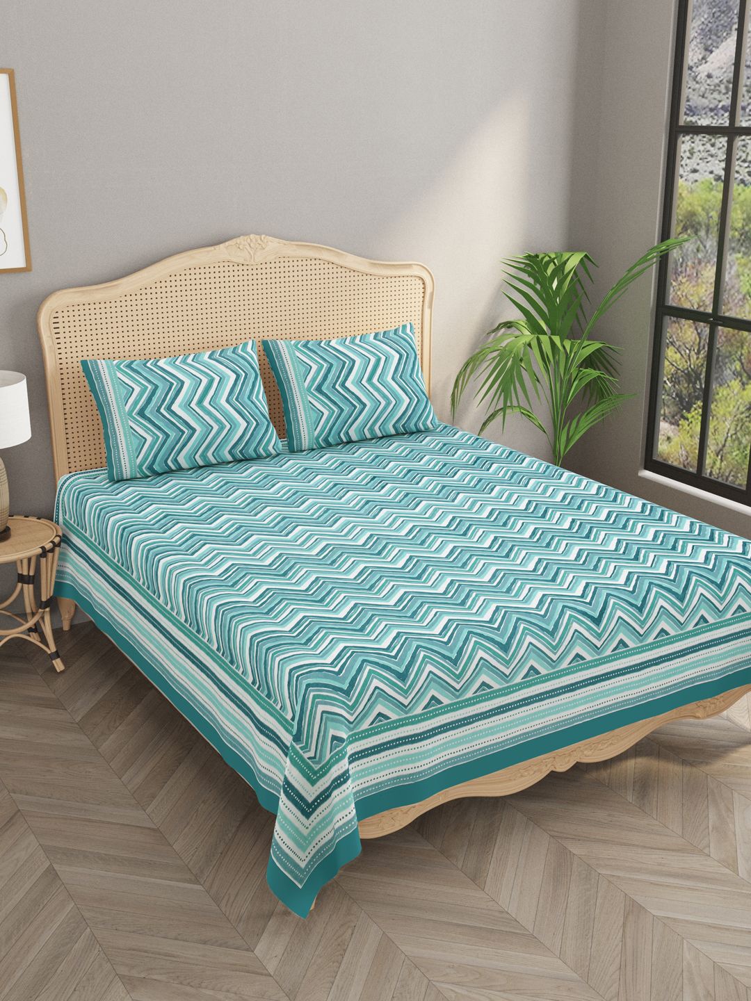 

Gulaab Jaipur White & Blue Geometric 400 TC King Bedsheet with 2 Pillow Covers