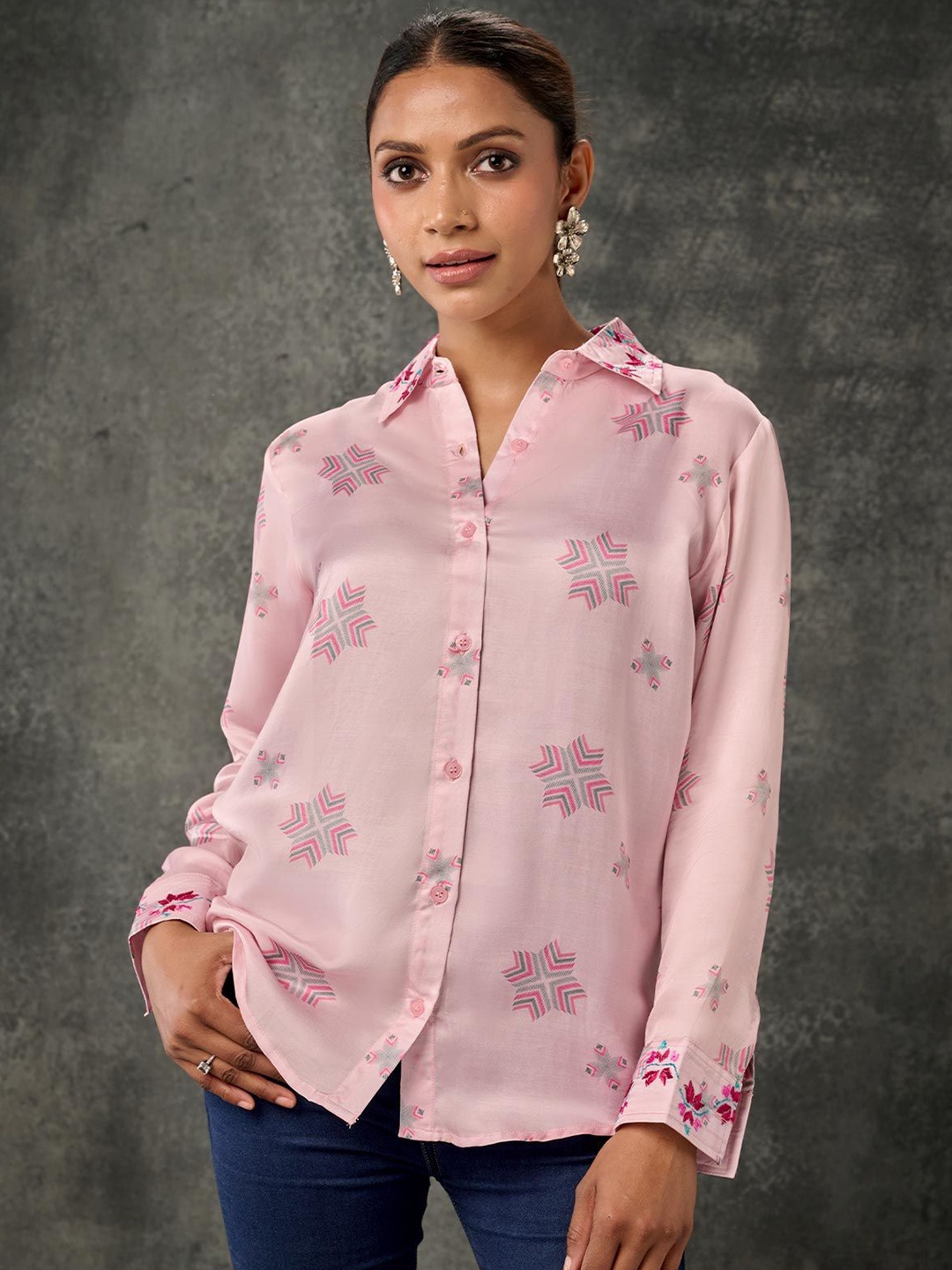 

Phulkari Forever Floral Embroidered Satin Shirt Style Top, Pink