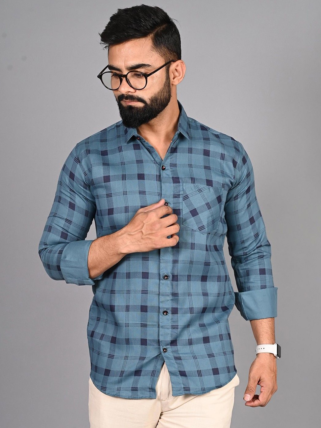 

PulseIQ Men Slim Fit Opaque Checked Casual Shirt, Blue