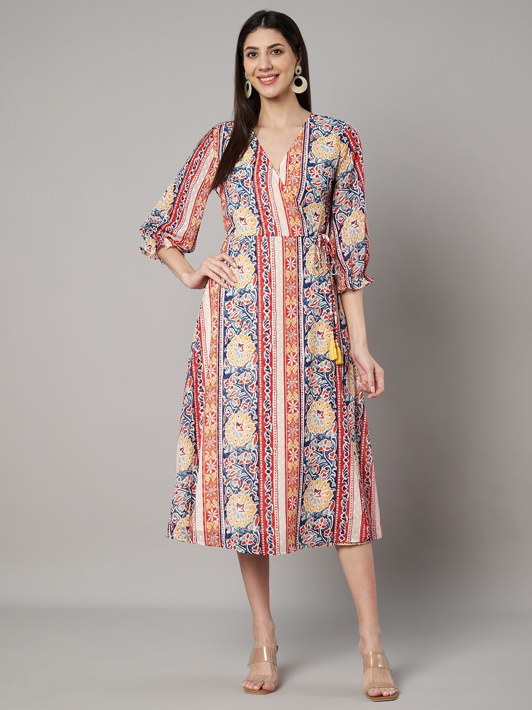 

Amagyaa Floral Print Puff Sleeve Georgette A-Line Midi Dress, Multi