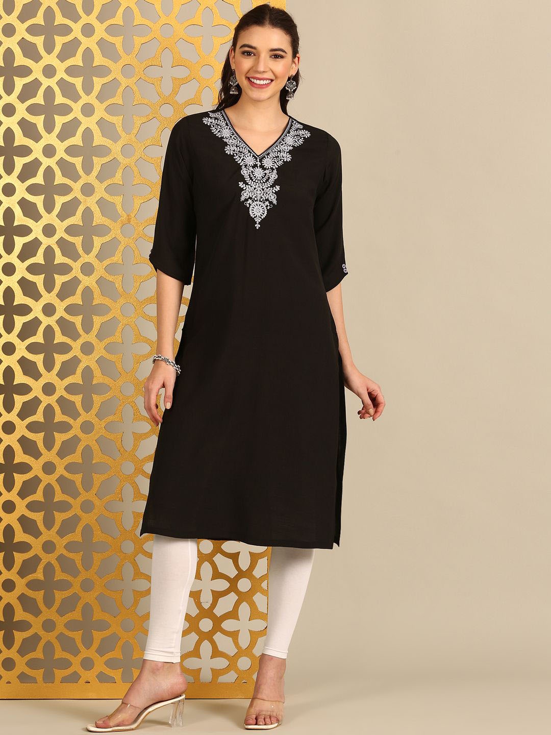 

Alena Women Floral Thread Work Kurta, Black