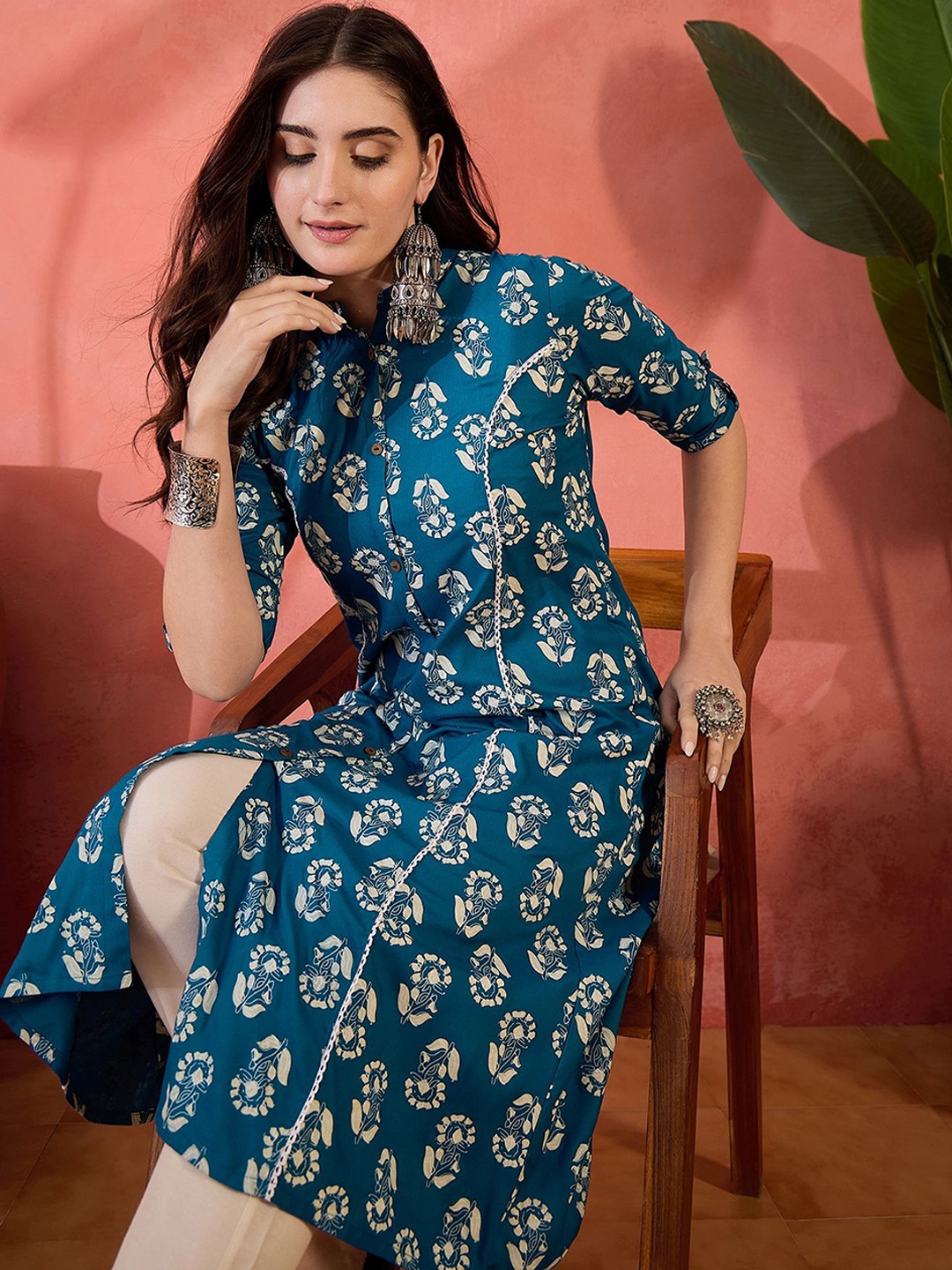 

Sangria Floral Printed A-Line Kurta, Blue