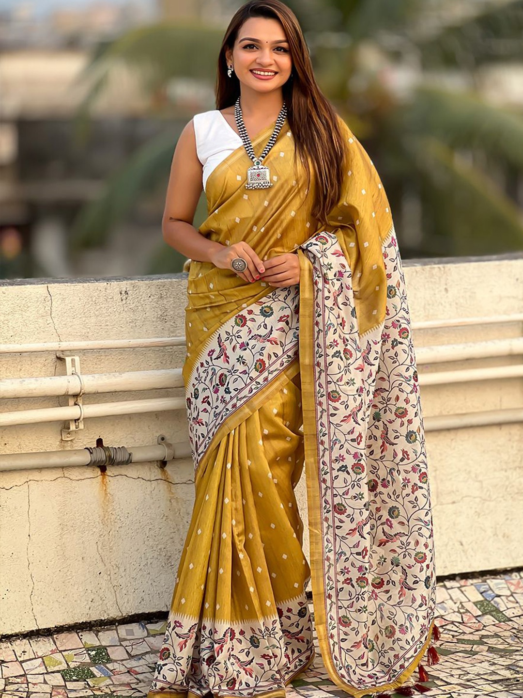

all about you Kalamkari Khadi Saree, Gold