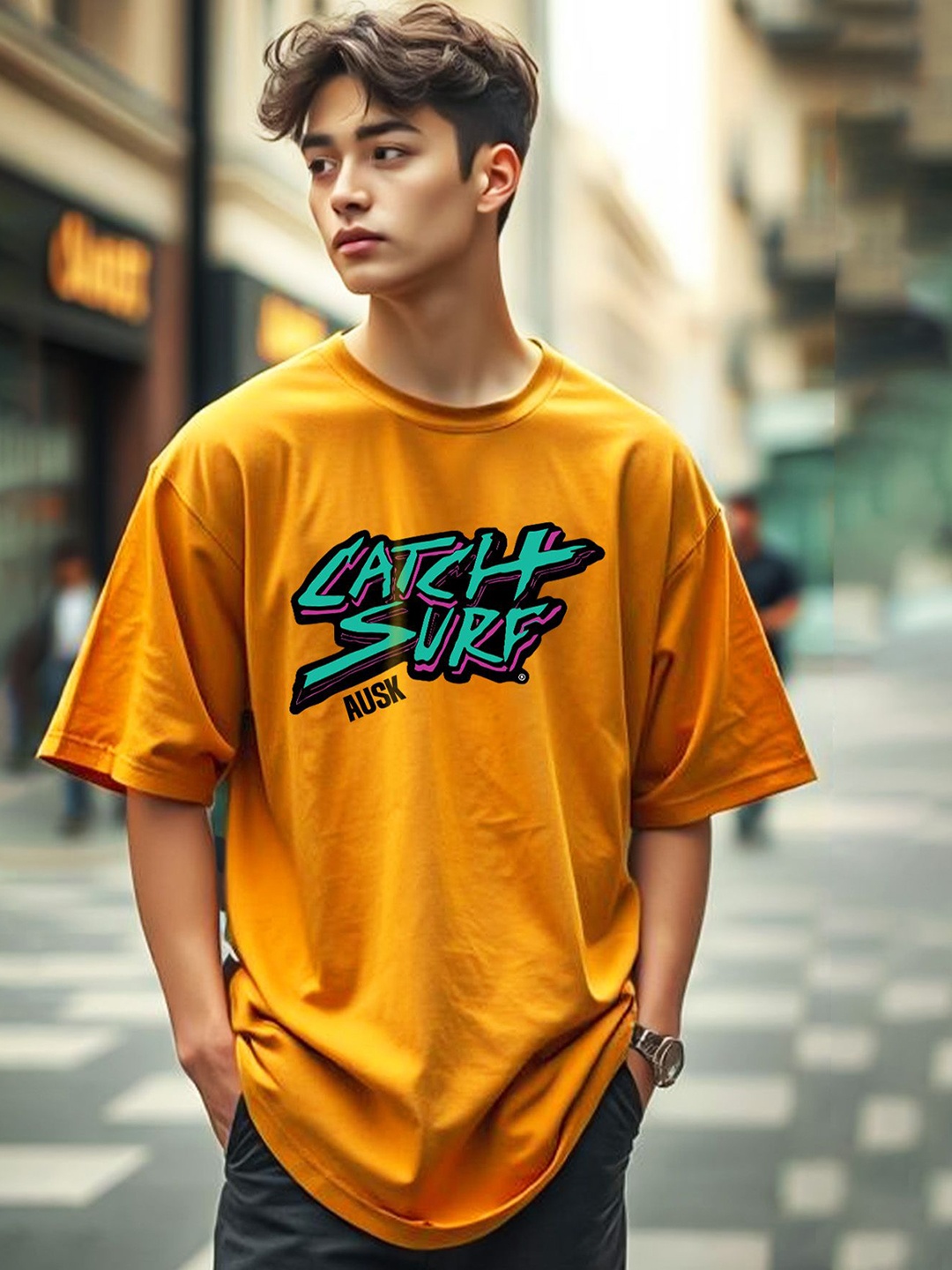 

AUSK Men Printed Applique T-shirt, Yellow