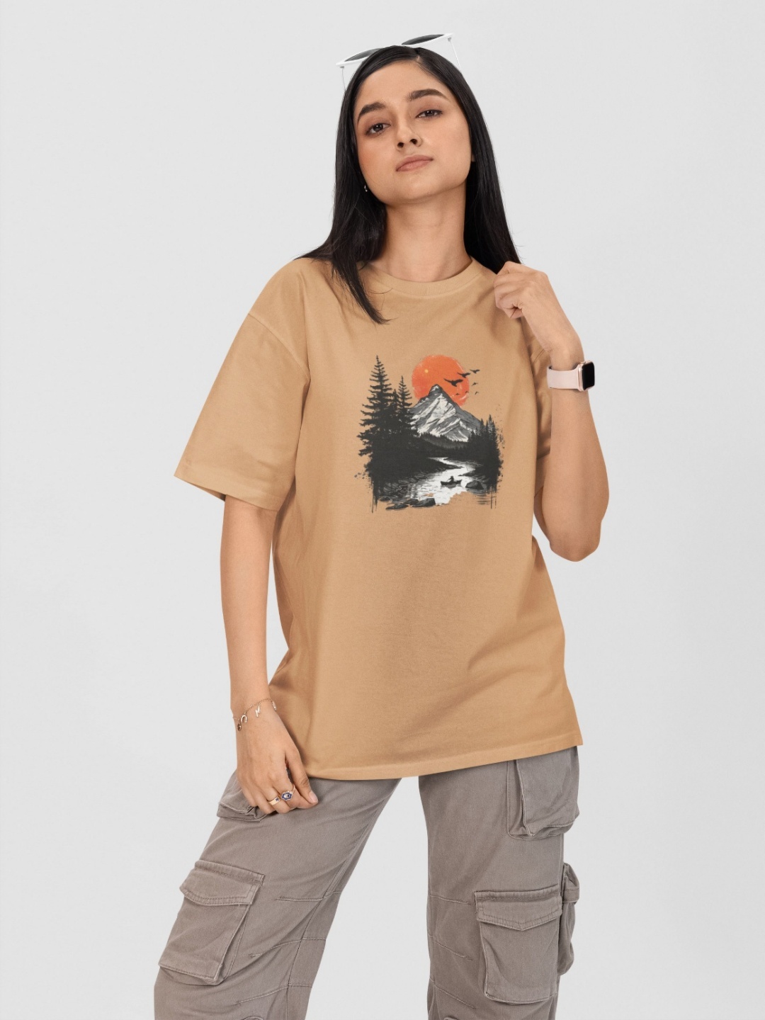 

Moda Rapido Women Printed Drop-Shoulder Sleeves Pockets T-shirt, Maroon
