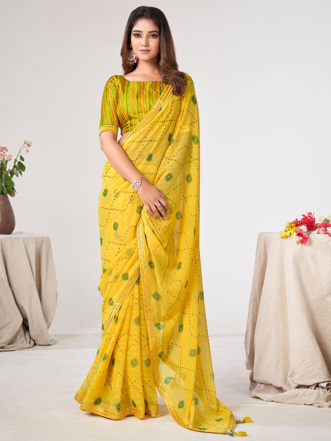 

LeeliPeeri Designer Bandhani Gotta Patti Poly Georgette Saree, Yellow