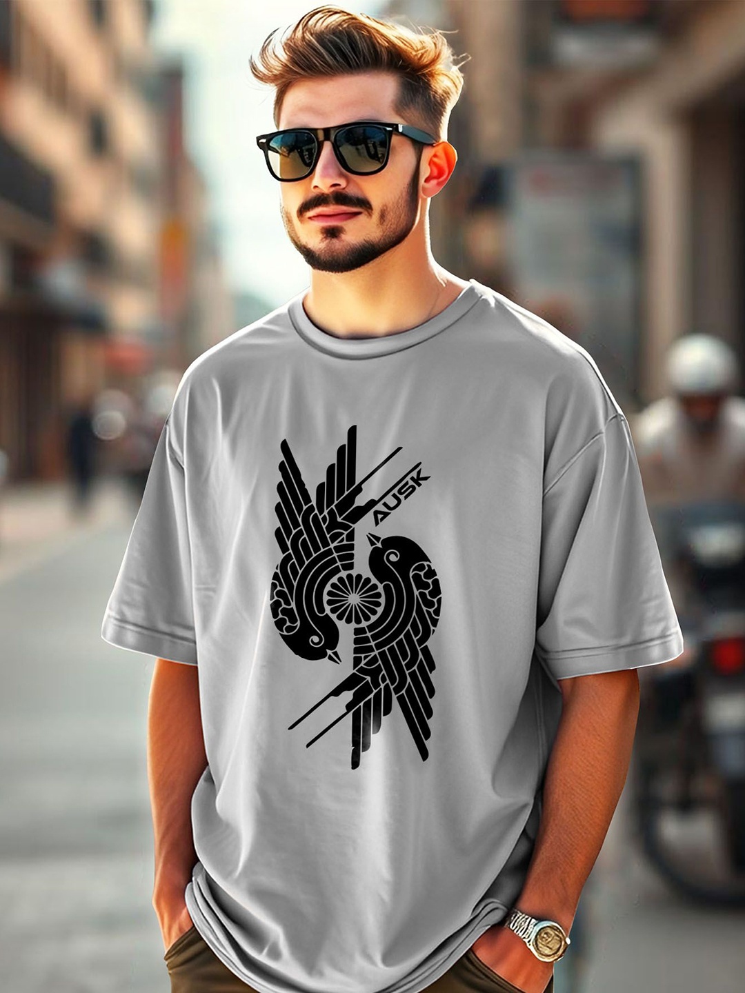 

AUSK Men Printed Drop-Shoulder Sleeves Raw Edge T-shirt, Grey