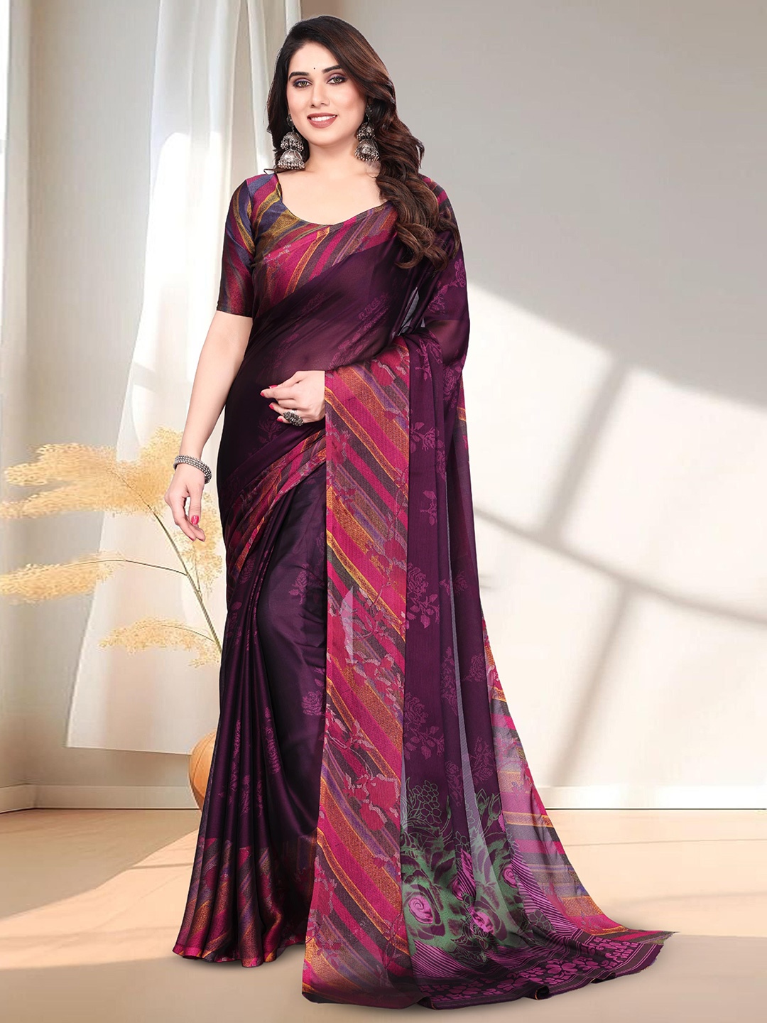 

SUPERLAXMI Floral Pure Chiffon Saree, Magenta