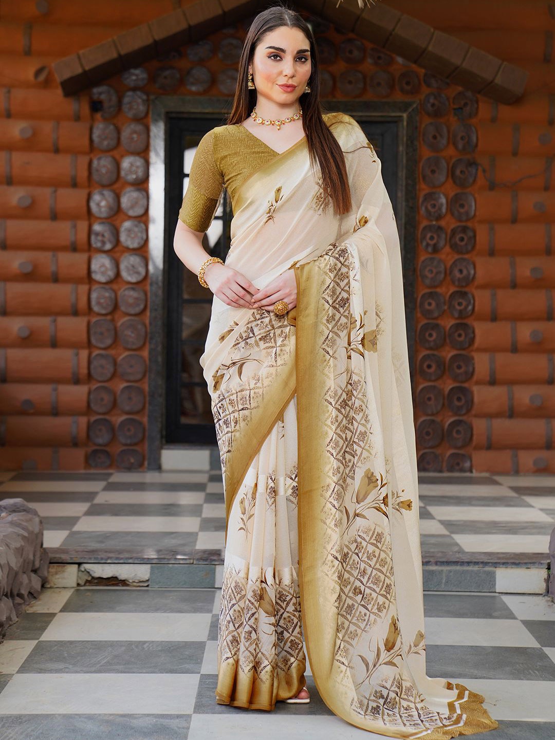 

SANJANA SILK Floral Zari Pure Georgette Bagh Saree, Gold