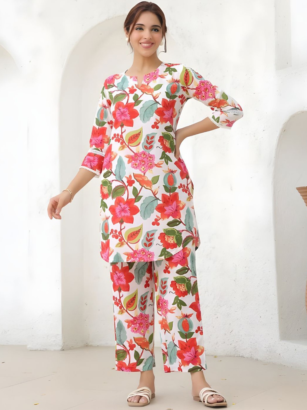 

Jade & Julie Floral Printed Pure Cotton Tunic & Palazzos Co-Ord Set, Pink