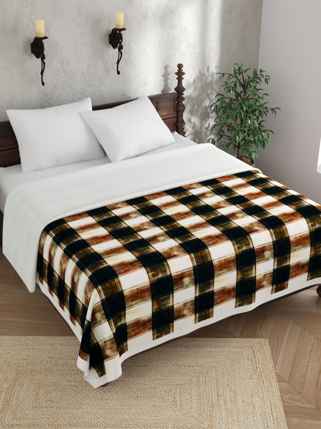 

EverHOME Green & Brown Checked AC Room 150 GSM Double Bed Dohar
