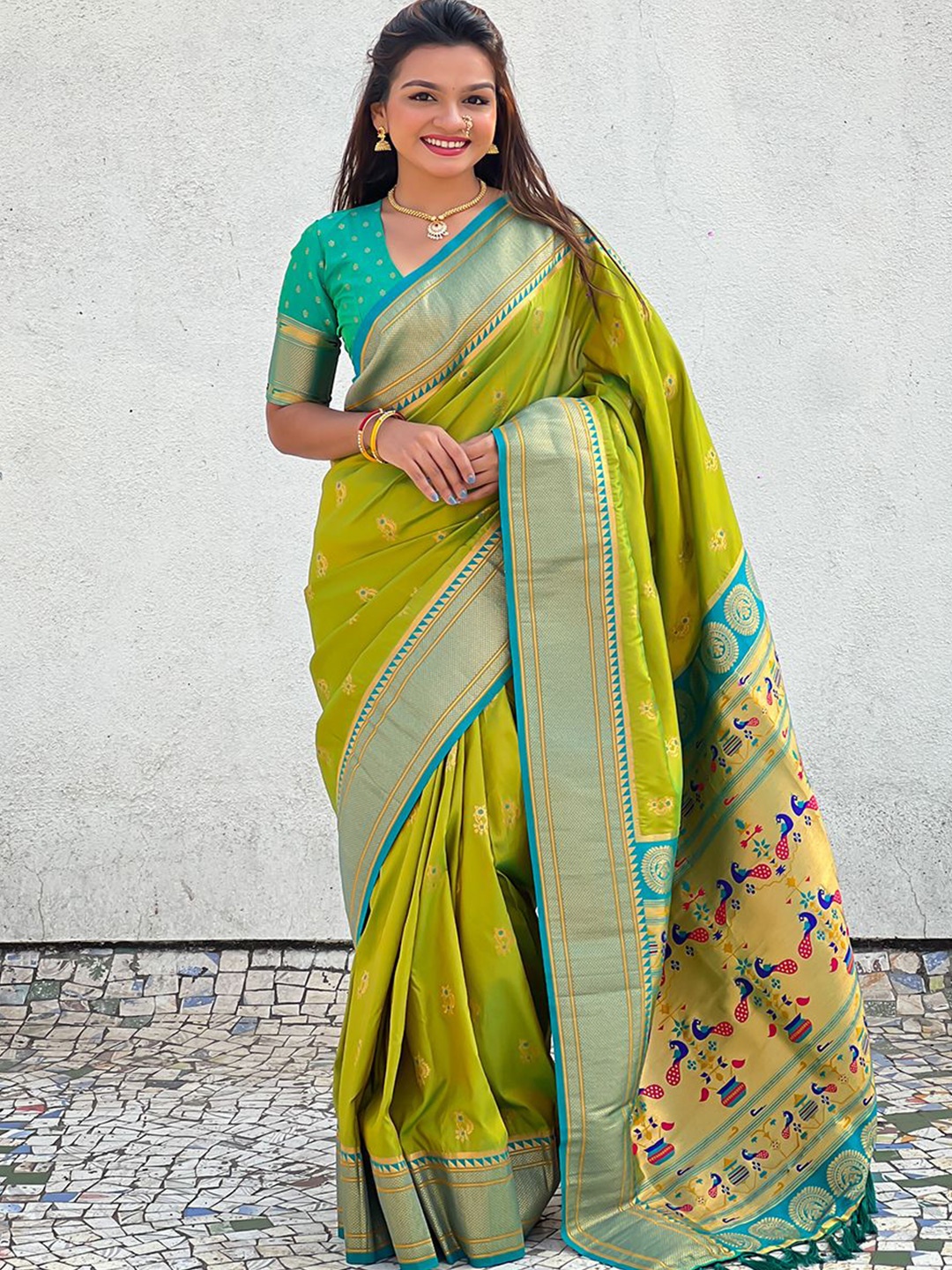 

all about you Woven Design Zari Silk Blend Paithani Saree, Olive